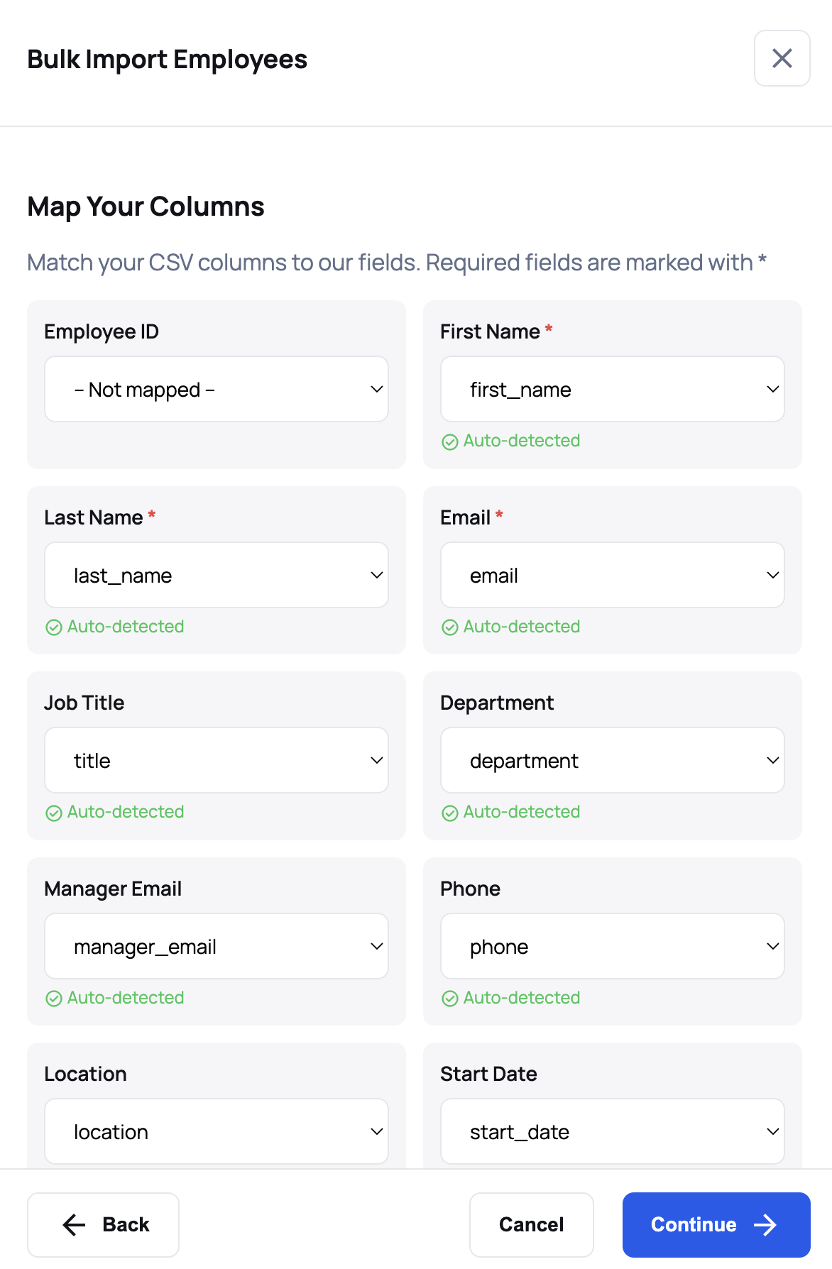 CSV Import Column Mapping